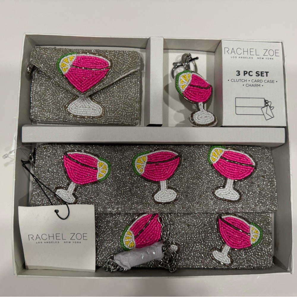 NWT Rachel Zoe Silver Pink Cocktail Clutch 3 pieces clutch /card case /charm